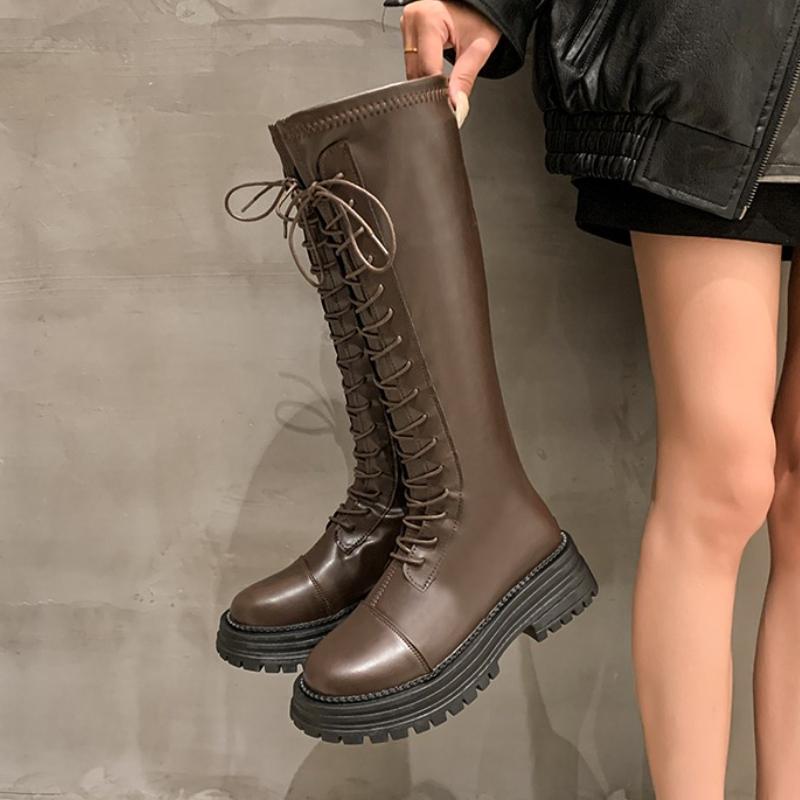Fashion Women High Boots Flats Platform Leather Shoes Knee High Knight's Boots Fashion New Elegant 2025 Winter Lace Up Shoes Mujer Botas