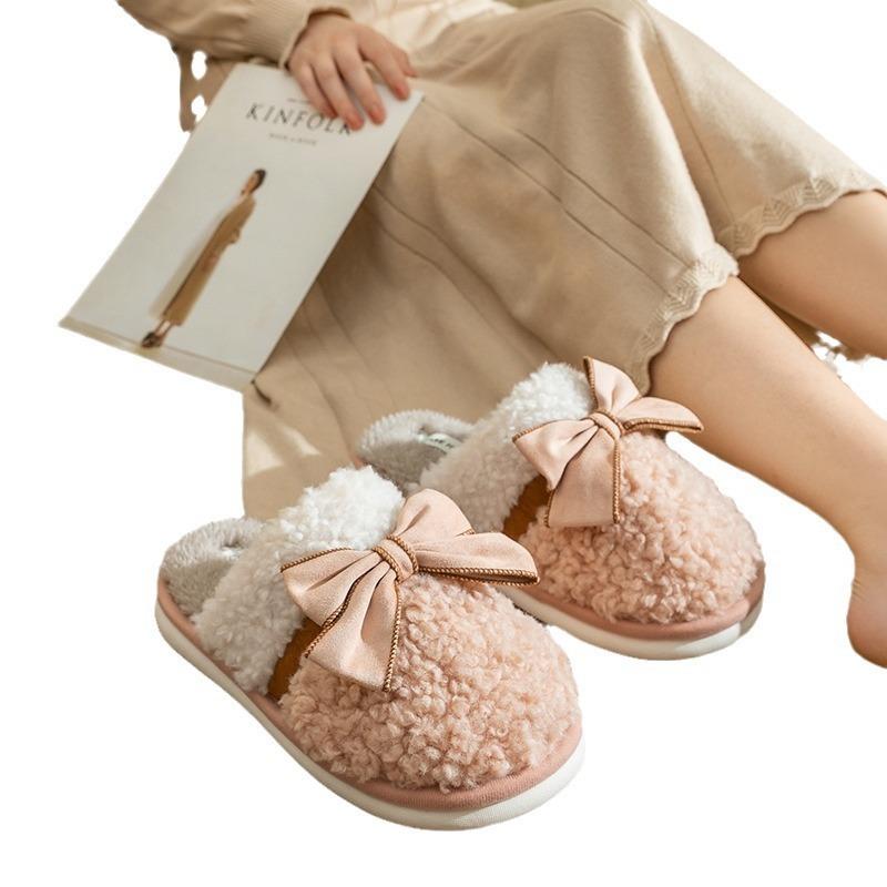 Bow cotton slippers women's autumn and winter home indoor non-slip couple home fluffy slippers warm fluffy