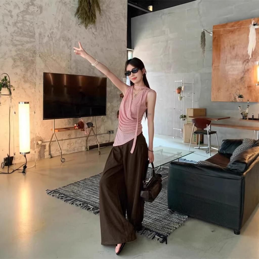 Summer Slim and Thin Side Waist Pleated Sling Vest Women's Fashion Asymmetrical Hem Design Streamer Sleeveless Top
