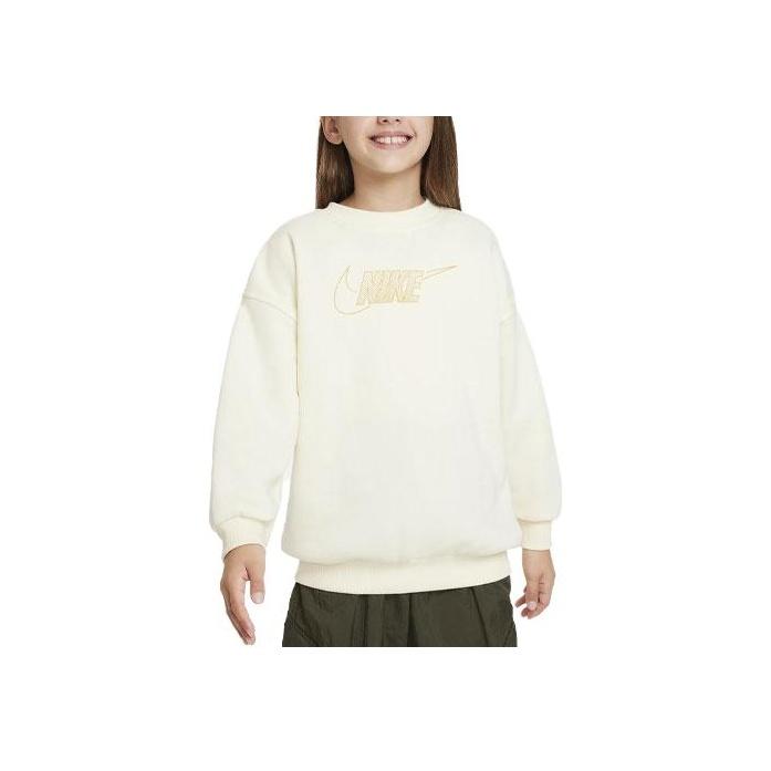 Nike Sportswear Club Fleece Logo Print Crewneck Loose Fit Long Sleeve Kids tops Coconut FJ6161-113