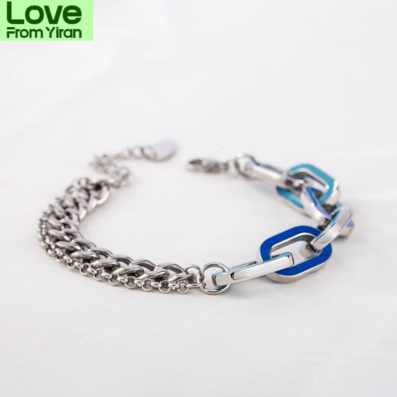 High Quality Punk Personality Trend Bangles Neutral Stainless Steel Splicing Bule Enamel Craft Chain Bracelets For Men And Women