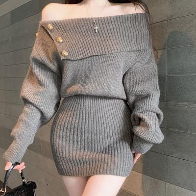 White Knitted Mini Dress Women Fashion Sexy Black Slash Neck Wrap Sweater Dresses Winter Korean Elegant Bodycon A Line Vestidos