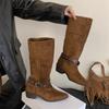 Coarse heel suede pointed boots women's 2025 autumn and winter new two-wear women's boots belt buckle sleeve western cowboy boots