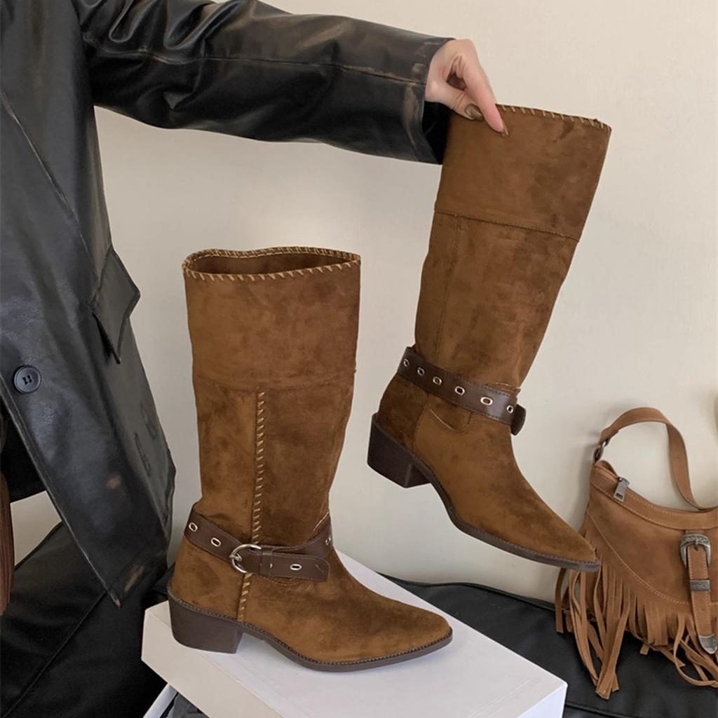 Coarse heel suede pointed boots women's 2025 autumn and winter new two-wear women's boots belt buckle sleeve western cowboy boots