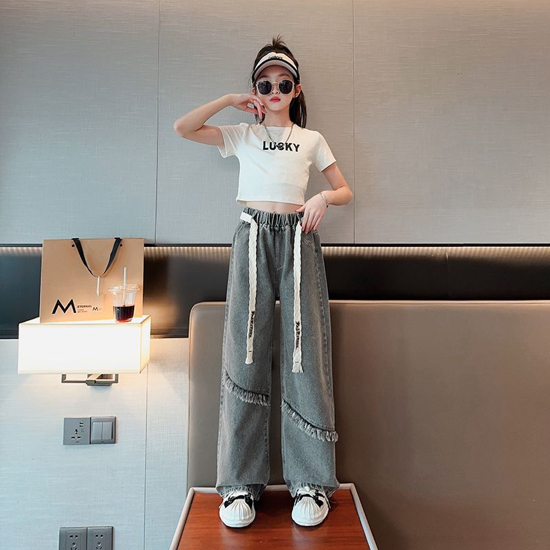 Dívčí džíny se širokými nohavicemi Jaro a Podzim Dívčí volné Internetová červená Retro modrá Rovná trubka Dětské kalhoty