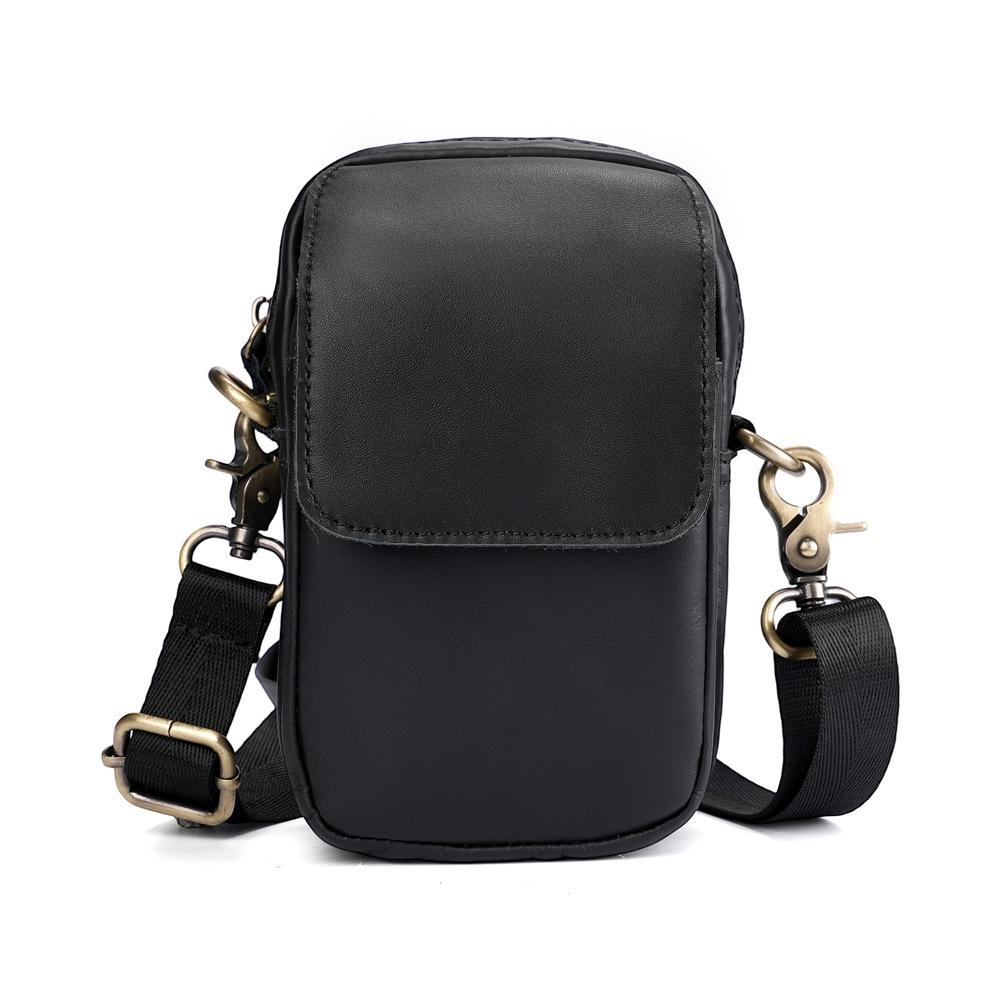 Cowhide Leather Waist Bag, Men's Student Sports Outdoor Backpack, Small, Simple, Lightweight, Small Crossbody, Black