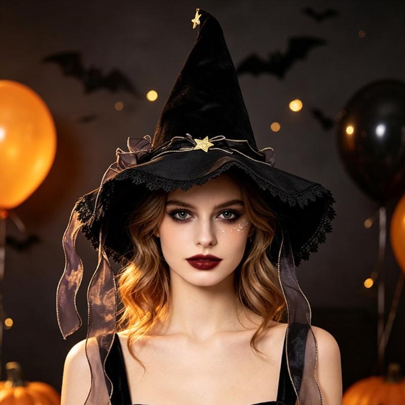Black Soft Finish Witch Hat for Adults with Star Accent Ribbon Trim and Flared Edge Costume Look for Halloween Parties and Photo Fun