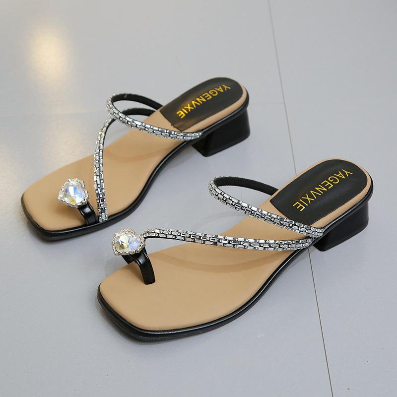 

Туфли на высоком каблуке женские 2024 новая верхняя одежда на толстом каблуке с квадратным носком со стразами и жемчужным носком классные тапочки на высоком каблуке 40