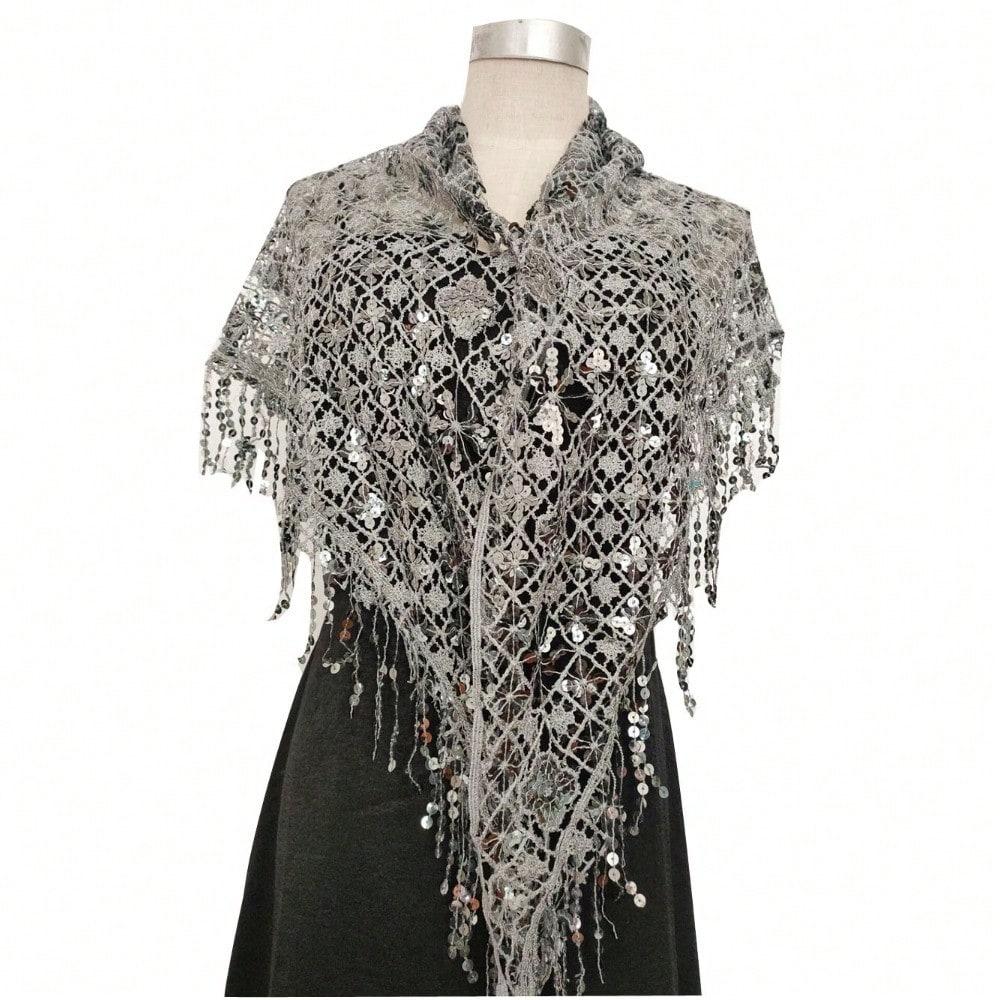 sequined fringed triangle scarf, bride and bridesmaid sequined shawl, dinner cheongsam party shawl