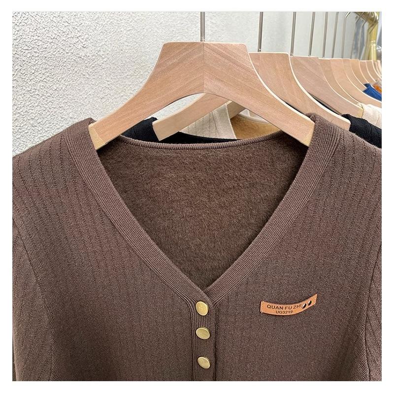 Women's Integrated Velvet V-neck Sweater for Autumn and Winter with Plush and Thickened Slim Knitted Base Sweater