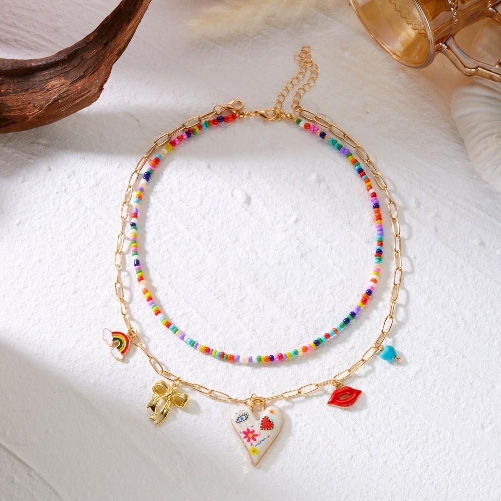 Multi-layer Pearl Beaded Necklace Bow Stacked Clavicle Choker Trendy Strawberry Necklace Women