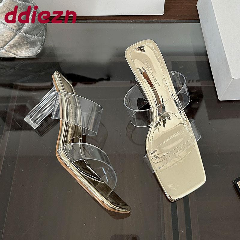 Fashion Fashion Transparent Heels Sandals Slides Shoes For Women Footwear Square Toe Ladies High Heels Sandals Shoes Female Pumps