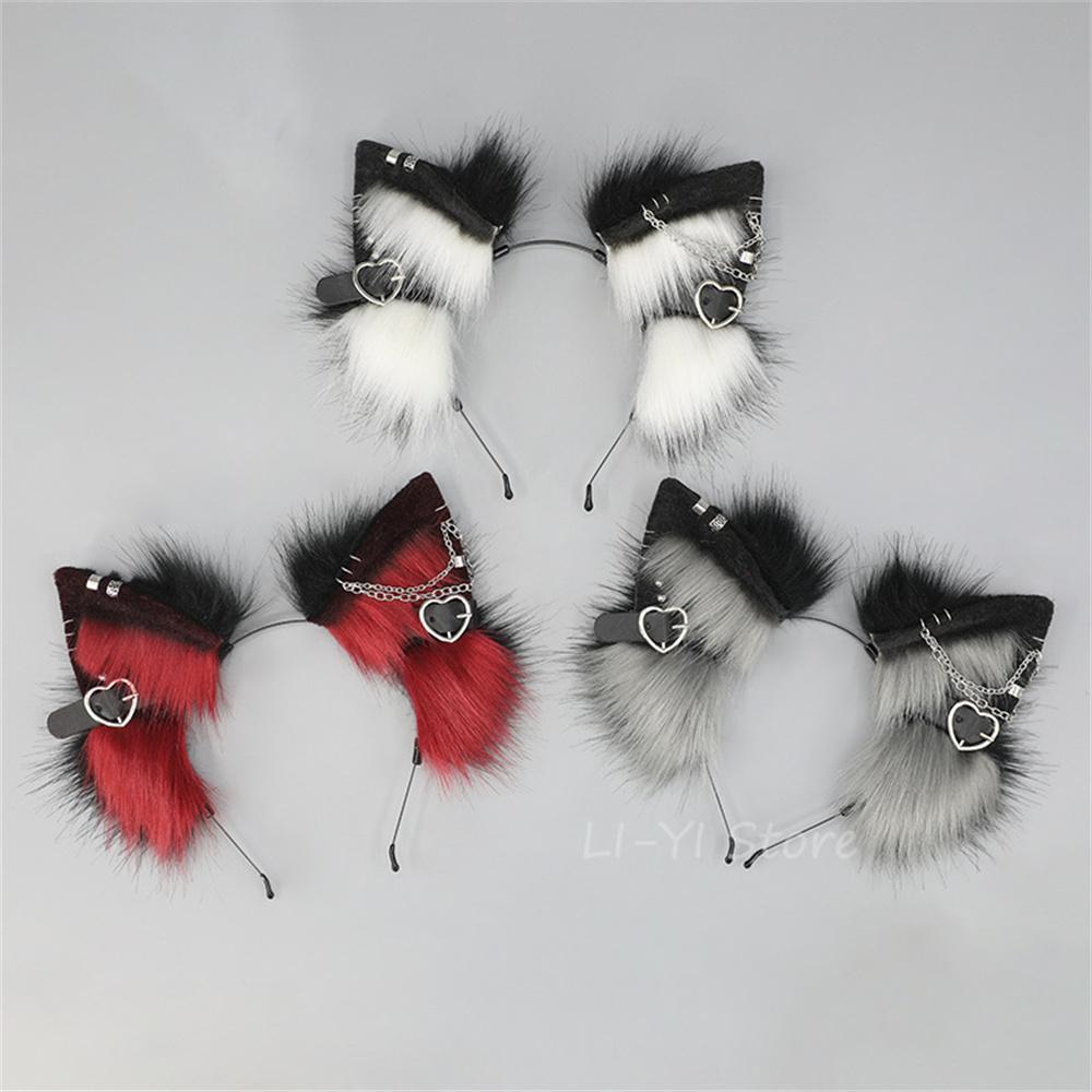 3 Farben Punk Katzenohren Metall Herz Pu-Riemen Tier Bestie Ohren Haarreifen Jk Lolita Cosplay Kopfschmuck Wolf Fuchs Stirnband