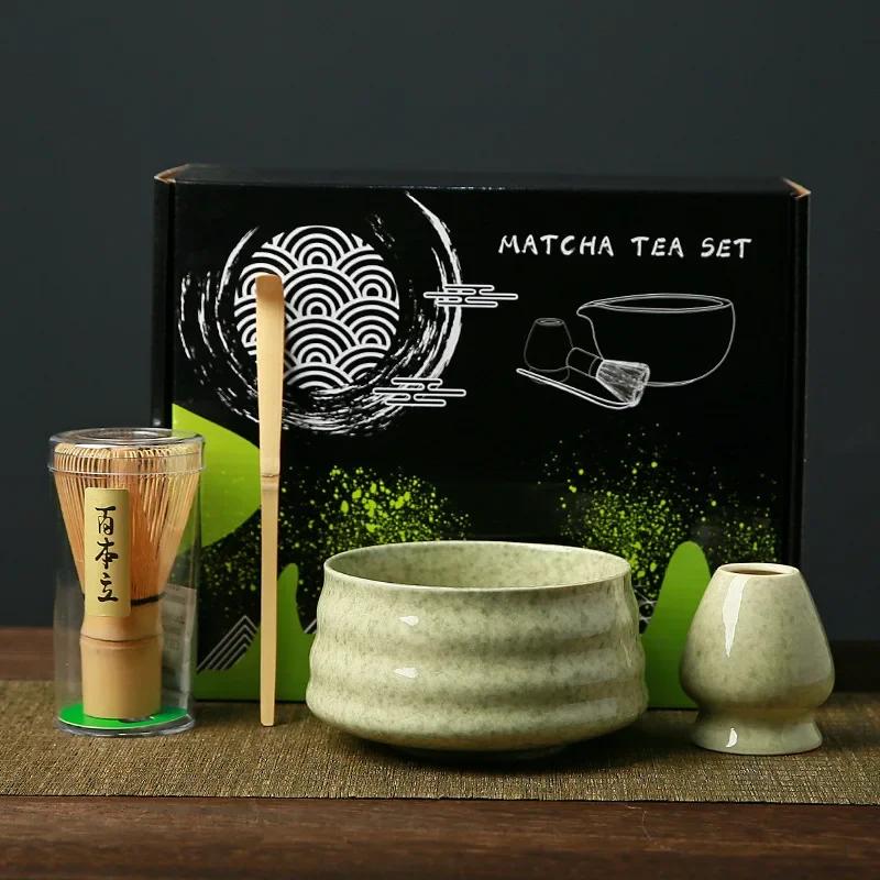 4PCS Japanese Matcha Tea Set Bamboo Whisk Scoop Ceramic Matcha Bowl Traditional Indoor Handmade Tea-making Tools Birthday Gift