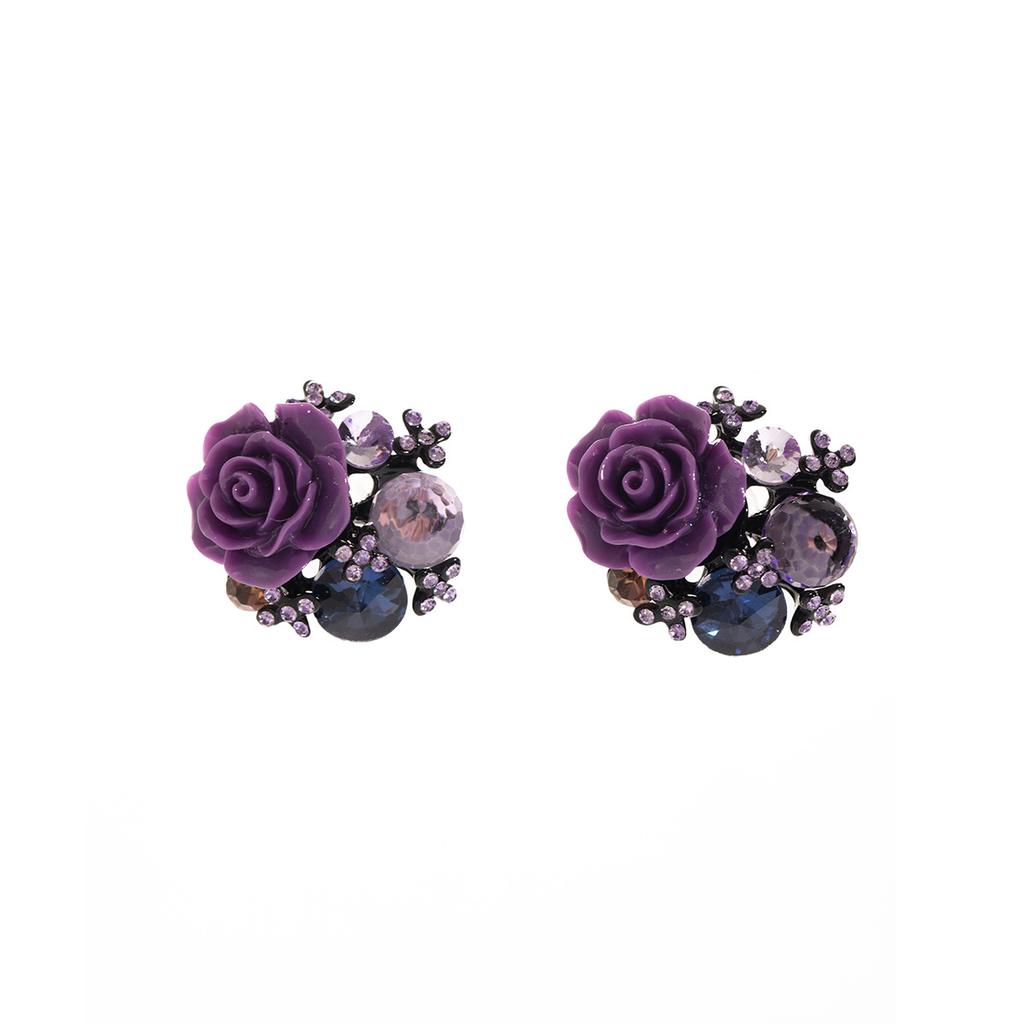 Purple Rose Flower Diamond Stud Earrings Feminine Elegance Niche Earrings Vintage Retro Unique Earrings