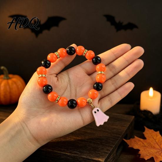Handmade Beaded Elastic Wristbands Halloween Bracelet for Women Orange Black Beads Stretch Ghost Jewelry with Charm Stackable Holiday Accessory