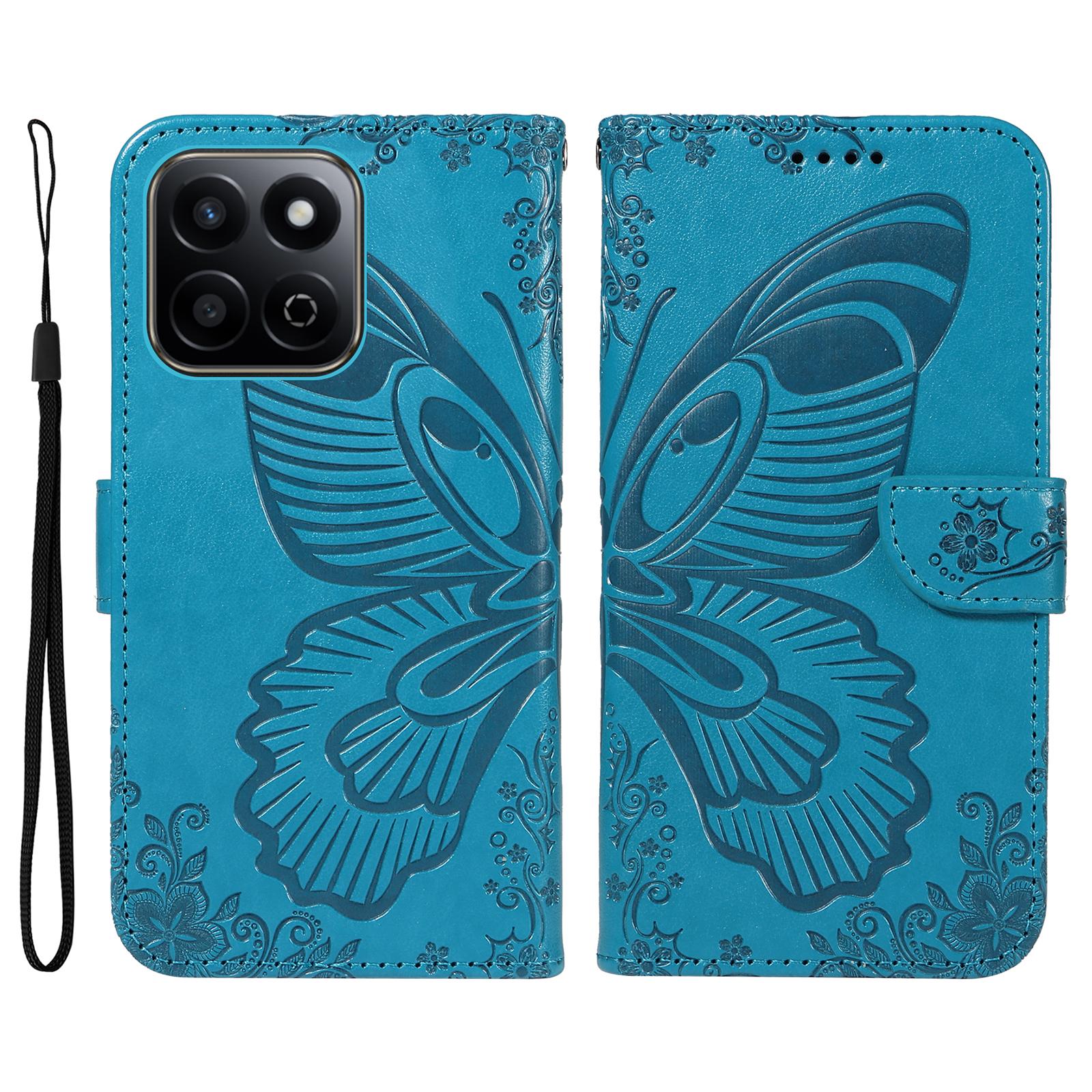 

For Honor Play 60 Plus 5G/Play 9T/X7c 4G/200 Smart 5G Case Butterfly Pattern Leather Wallet Flip Phone Cover Blue