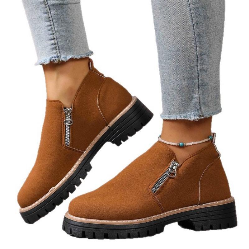 Large Size Round Toe Square Heel Side Zipper Fashion Boots Fall and Winter New Short Suede Patchwork Style Boots for Women