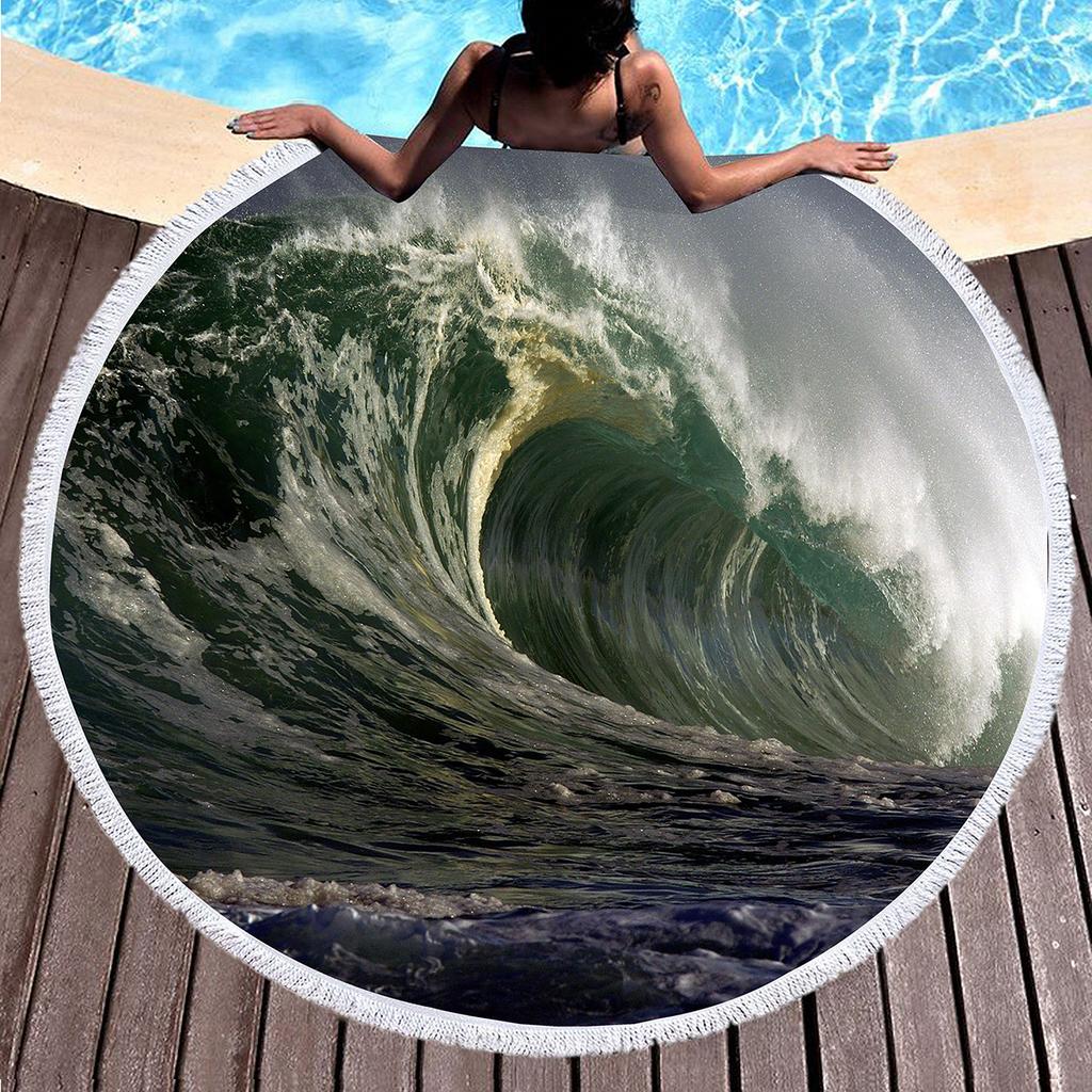 Blue Sea Wave Round Beach Towel with Tassels, Microfiber Beach Blanket Absorbent Quick Dry Soft Pool Towel Portable Picnic Ma