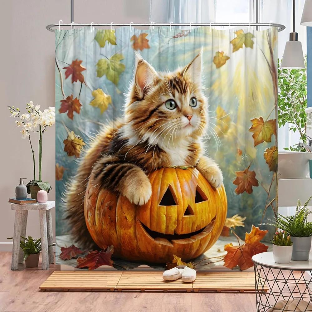 Autumn Scenic Shower Curtain Fall Pumpkin Farm Thanksgiving Butterfly Flower Leaf Barn Polyester Fabric Bathroom Decor Curtains