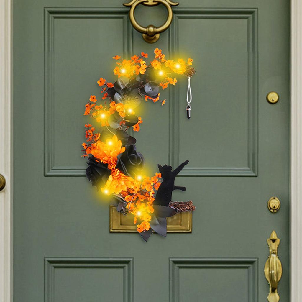 Halloween-Mondkranz mit schwarzer Katze, Holzkranz, Halloween-Kranz, Horror-Dekorationen für Zuhause, Party, Fenster, Wand, Innenbereich