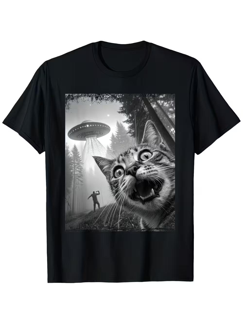 Funny Cat UFO & Selfie T-Shirt - Saucer Graphic Tee with Curious Cat Taking Picture L