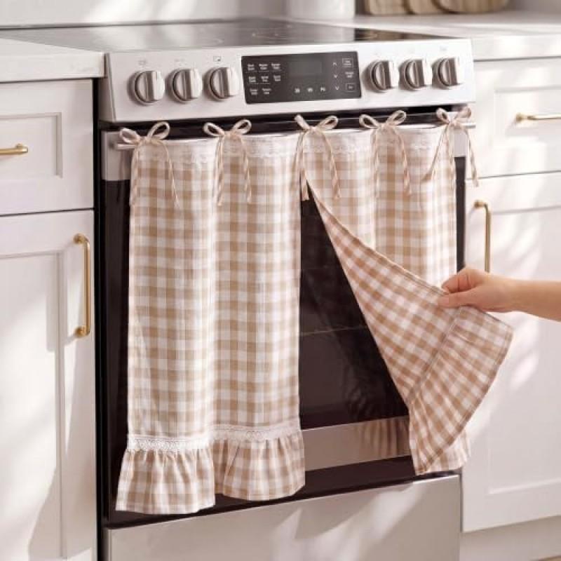 Lace Trimmed Oven Door Curtain With Center Tie Cotton Blend Grid Kitchen Appliance Cover