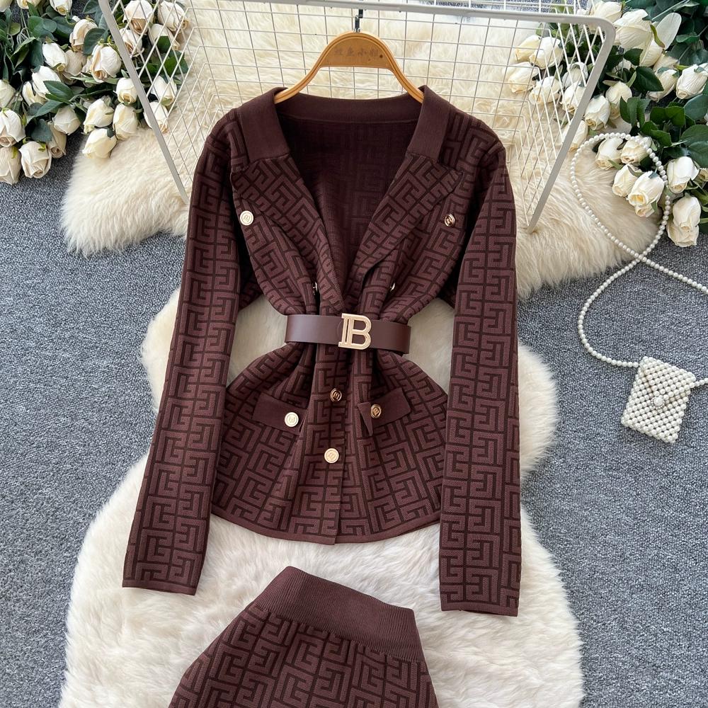 Autumn Winter Women Designer Knitted Sweater Two Piece Set Blazer Collar Cardigans Coat and Long Maxi Sheath Skirt Outfits With Belt