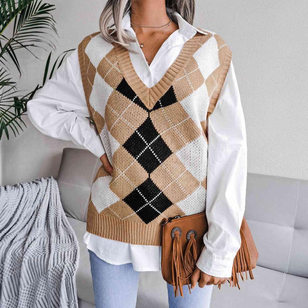 Damen Ärmellose Strickweste V-Ausschnitt Karomuster Locker Lässig Stilvoll Hautfreundlich Pullover Strickweste für Herbst und