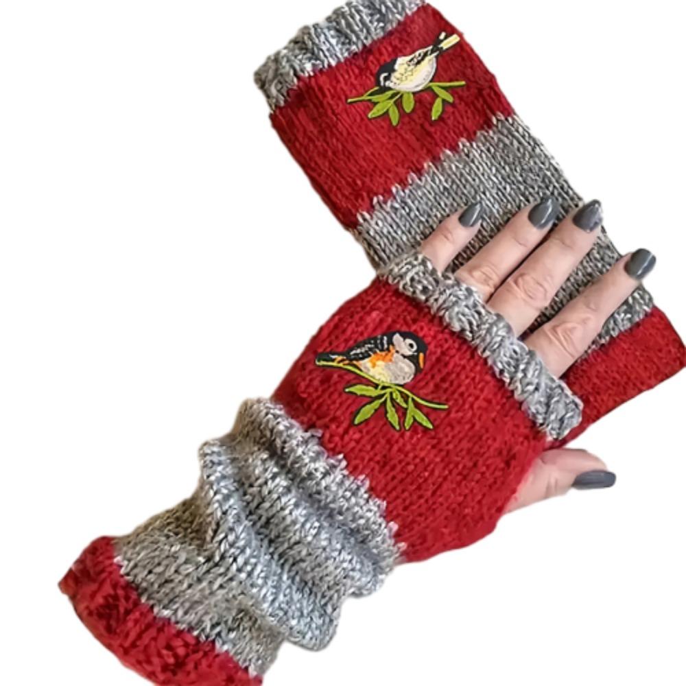 Embroidered Bird Half Finger Gloves Spicy Girl Y2k Winter Mittens Outdoor
