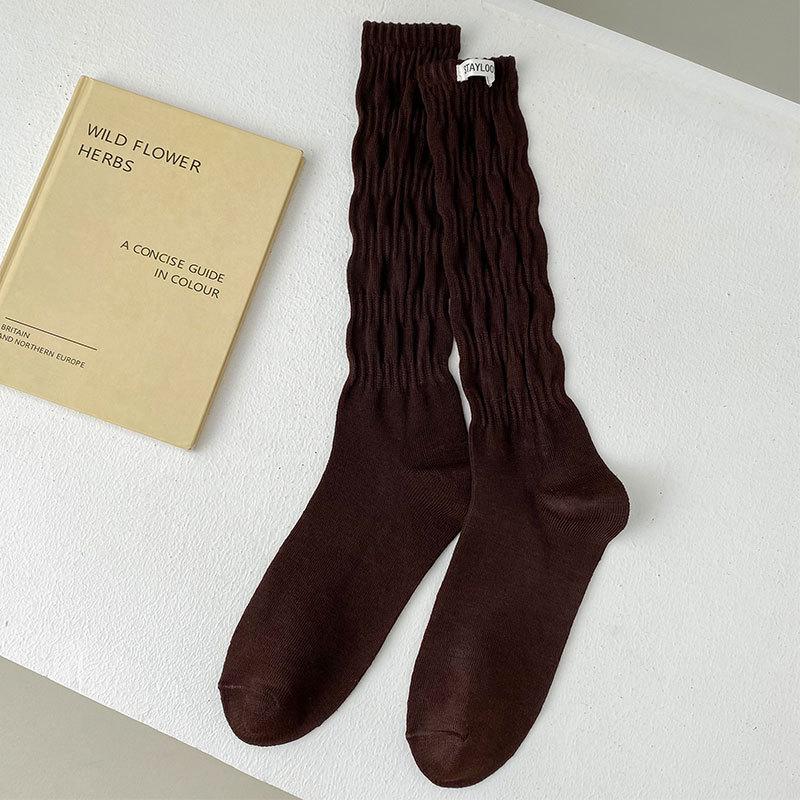 Women's Spring and Fall Vintage Solid Color Tall Drum Pile Calf Cotton Socks