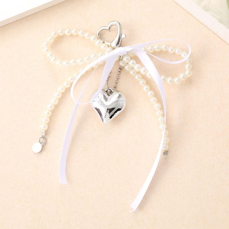 Elegant Pearls Bows Bag Pendant Practical Keychain Heart Shape Phone Ornament Keyring for Purse Handbag Decoration