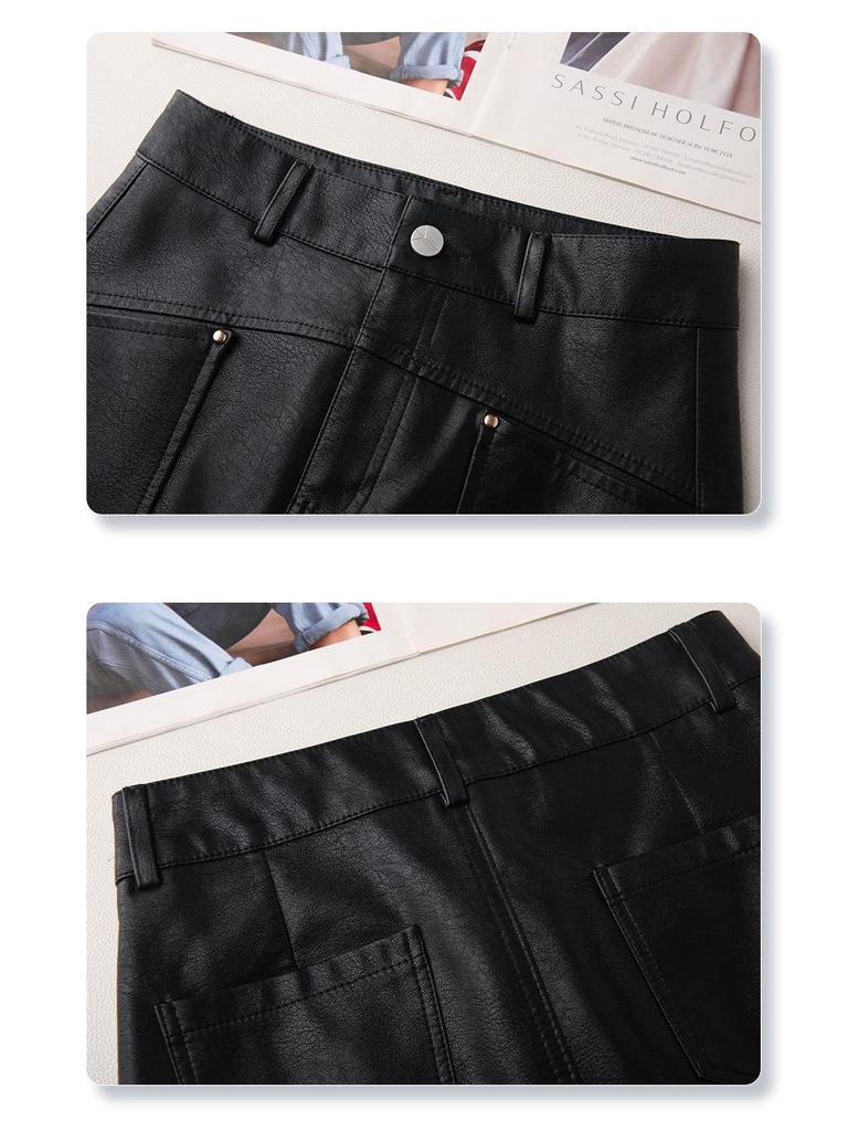 Coffee-Colored PU High-Waisted Mini Skirt, Slimming A-Line Midi, Autumn/Winter 2024 Women's Hip-Hugging Style.