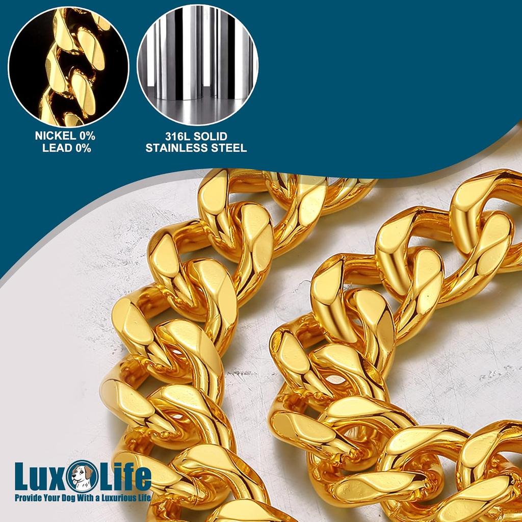 12mm Gold Cuban Link Dog Collar - Stainless Steel Chain Collar with O-Ring Lock for Small, Medium & Large Dogs - Adjustable Heavy Duty Pet Walking