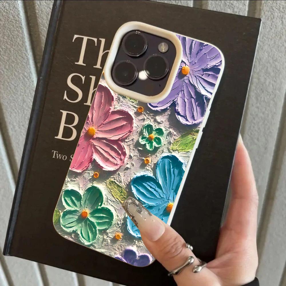 HOT Oil Painting Flowers Luxury Lichee Leather Pattern Phone Case For iPhone 17 16 15 14 13 12 11 Air Pro Max Plus X XR XSMax