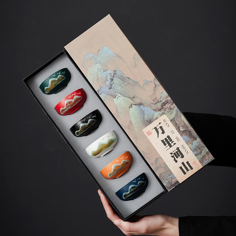 Coarse Pottery Qingshan Master Cup Wanli Mountain and River Gift Box Hand-painted Ceramic Tea Cup Complete Set Gift Box Packaging Tea Set Gift