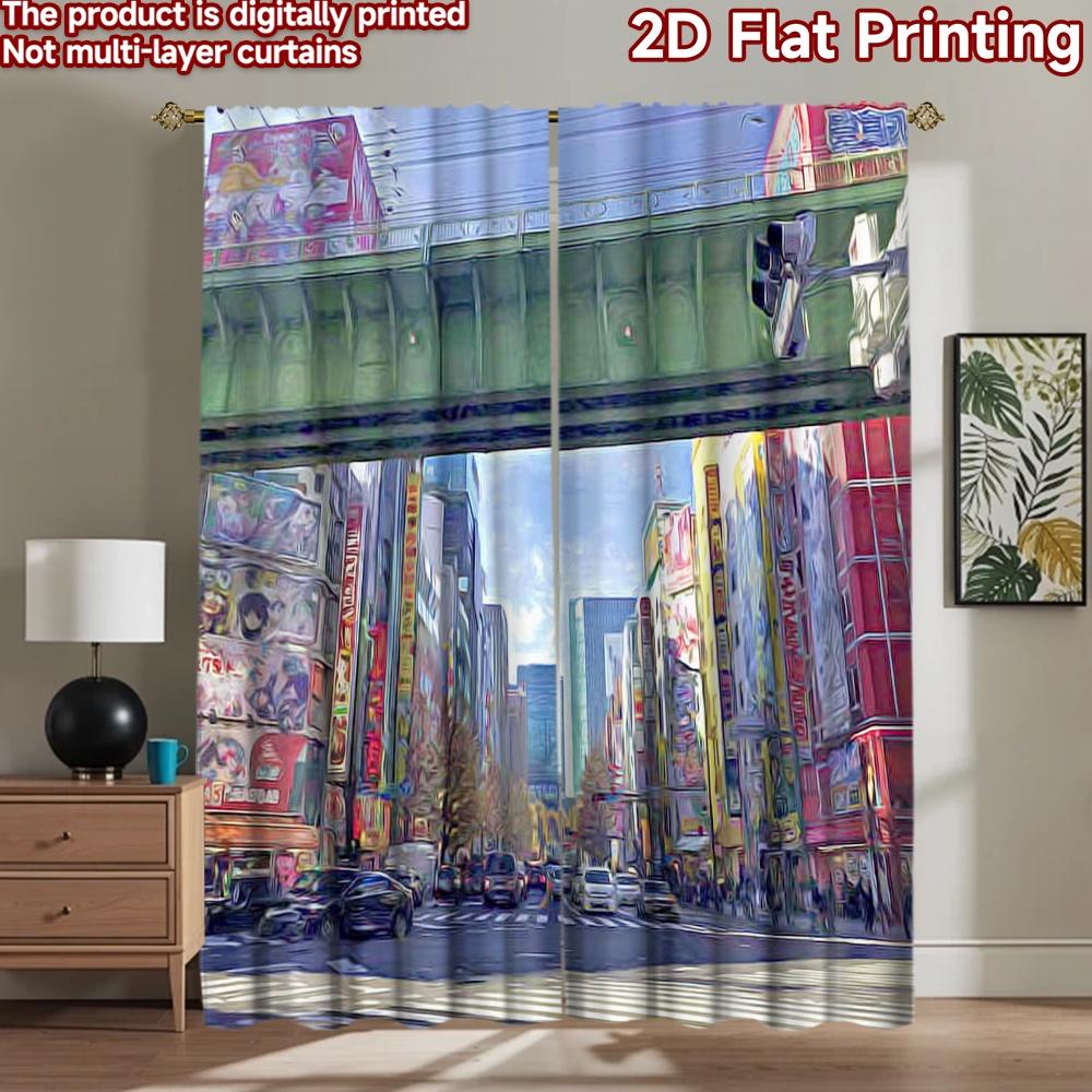 2D flat printing 2pcs Curtains Anime City Street View Digital Printed Polyester Drapes Family Party Decoration Use for All