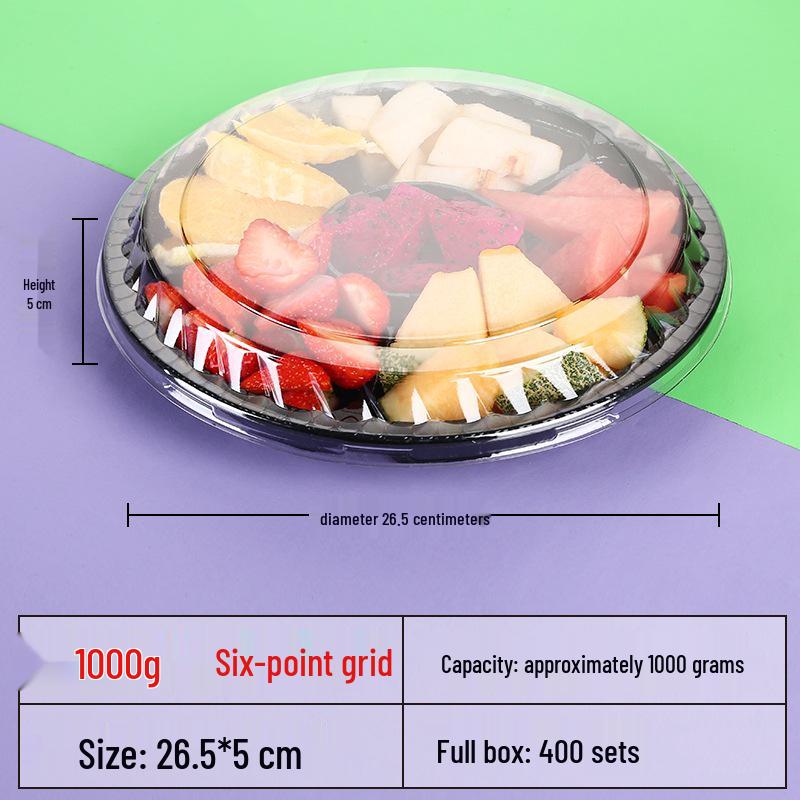 Transparente runde Einweg-Salatschale mit dreigeteilter Obstschale