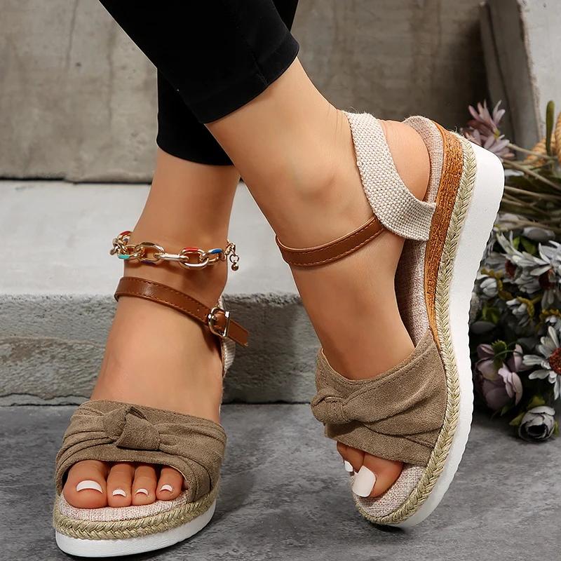 Fashion New Style Pleated Leopard Sandals for Women Buckle Decor High Heel Wedge Sandal Woman Summer Outdoor Platform Sandalias Mujer