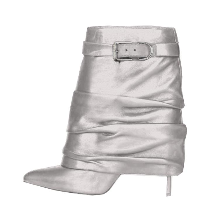 Fashion Brand New European American Pleated Middle Tube Stacking Boots Pointed Slim High Heels, Solid Color Fashionable Skirts Boots 43