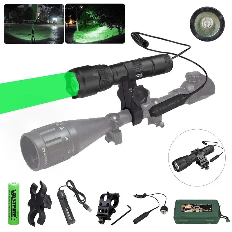 LED Hunting Flashlight Green 502B Tactical Torch Green Light 1-Mode Waterproof Outdoor Light Mount+Switch USB Rechargeable Lamp
