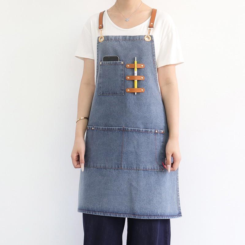 Washable Denim Apron Baristas Hairdressers Kitchen Staff Unisex Workwear Pure Color Non-Sleeve