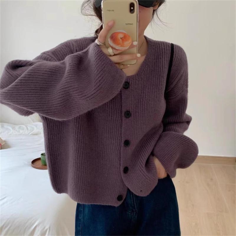 Autumn and winter new retro loose lazy wind knitted cardigan top women's solid color temperament versatile sweater jacket