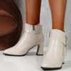 Women's Winter Boots Fashion Square Toe Side Zipper High Heels Belt Buckle Office and Career High Quality Short Plush Ankle Boot