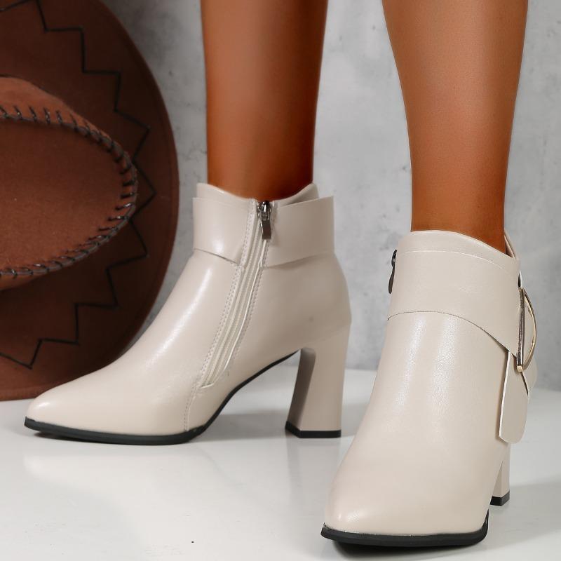 Women's Winter Boots Fashion Square Toe Side Zipper High Heels Belt Buckle Office and Career High Quality Short Plush Ankle Boot