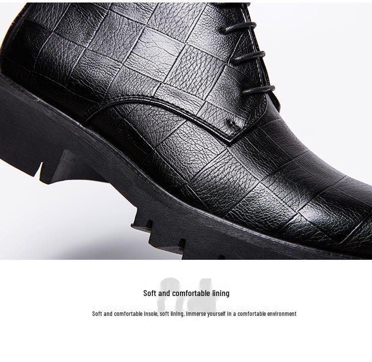 Men's High-Top British Style Leather Brogue Boots with Thick Sole and Height-Enhancing Pointed Toe.