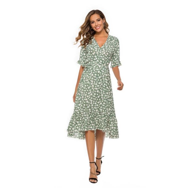 Summer Women Chiffon Wrap Dress V Neck Short Sleeve Long Print Dresses Ruffled Hem Sizes S XXL