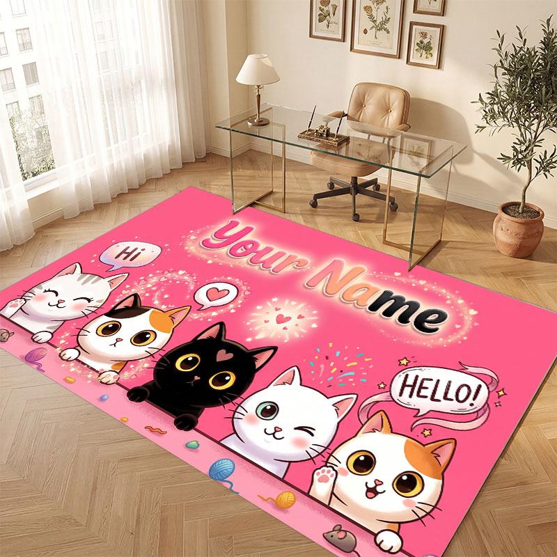 Cat Theme Crystal Velvet Floor Rug Personalized Custom Name Text Warm Carpet Home Decoration