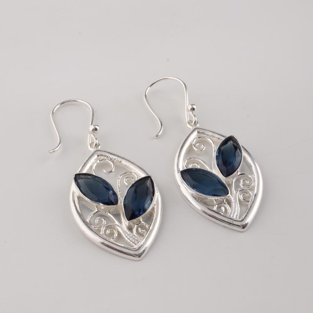 London Blue Topaz Gemstone Sterling Silver Handmade Earring 1.2", Elegant Silver Earring For Mother/Wife, Topaz Gemstone Earring CE-24-6