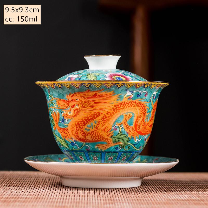 Ceramics Sancai Gaiwan Bowl Dragon and Phoenix Master Cup Tea Cup Handmade Enamel Color Tea Bowl High-end Respect Tea Set